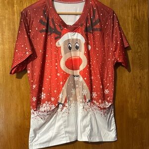 Festive Reindeer women’s scrub top - Red & White